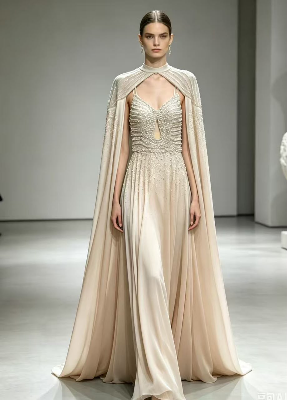 Ivory Pearl-Beaded Cape Gown