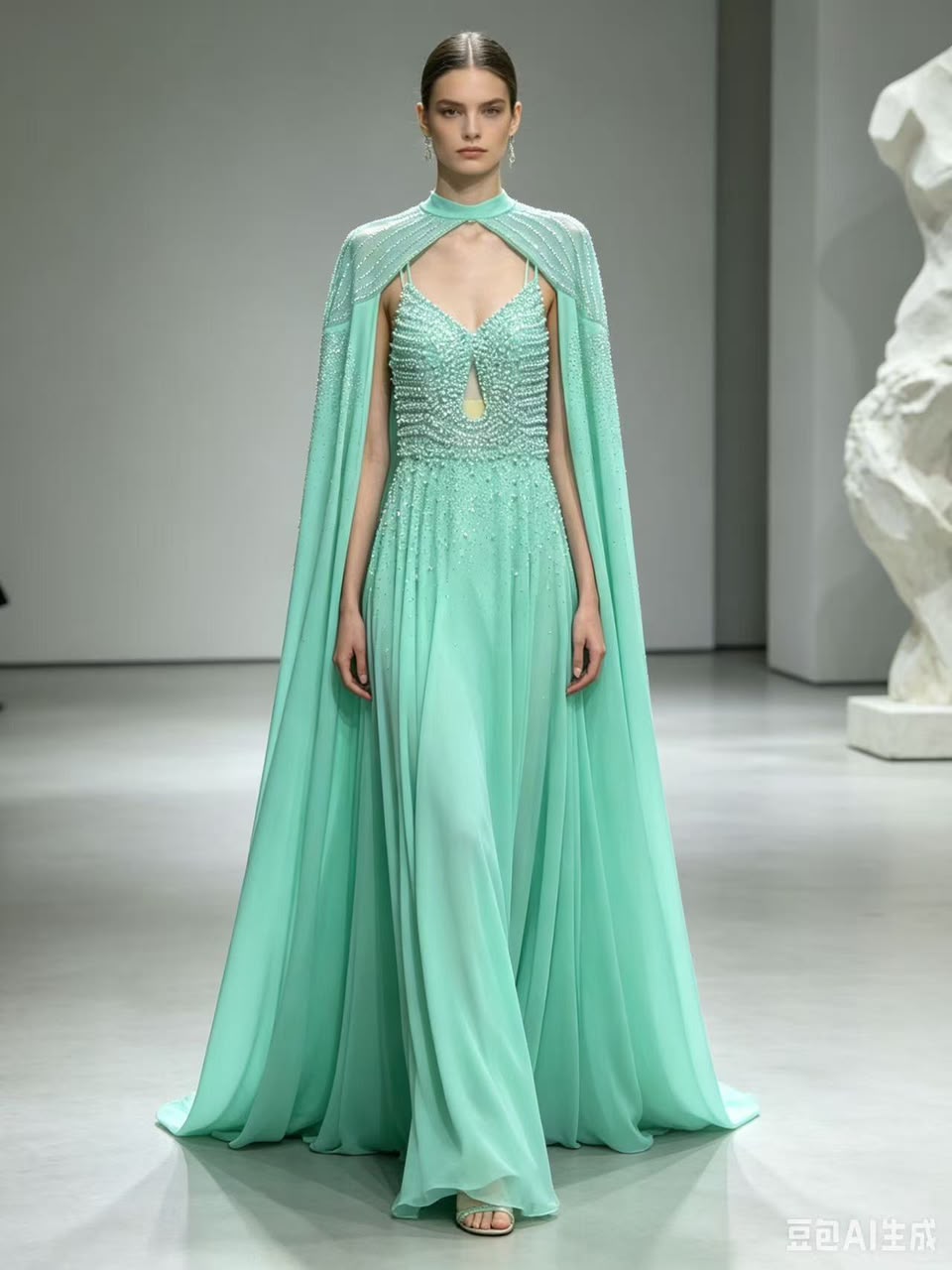 Mint Pearl-Beaded Cape Gown