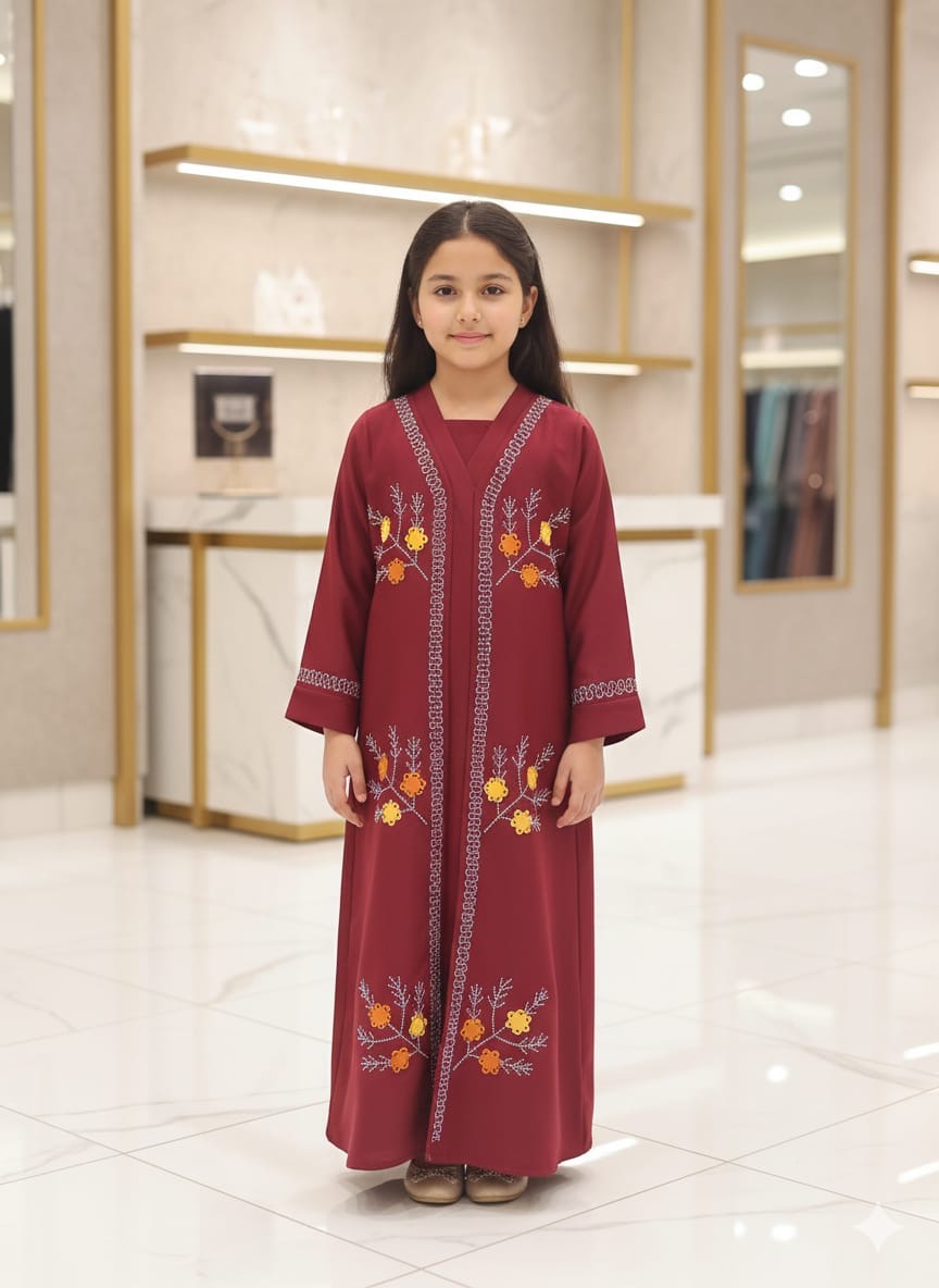 Burgundy Kimono Floral Girls Abaya