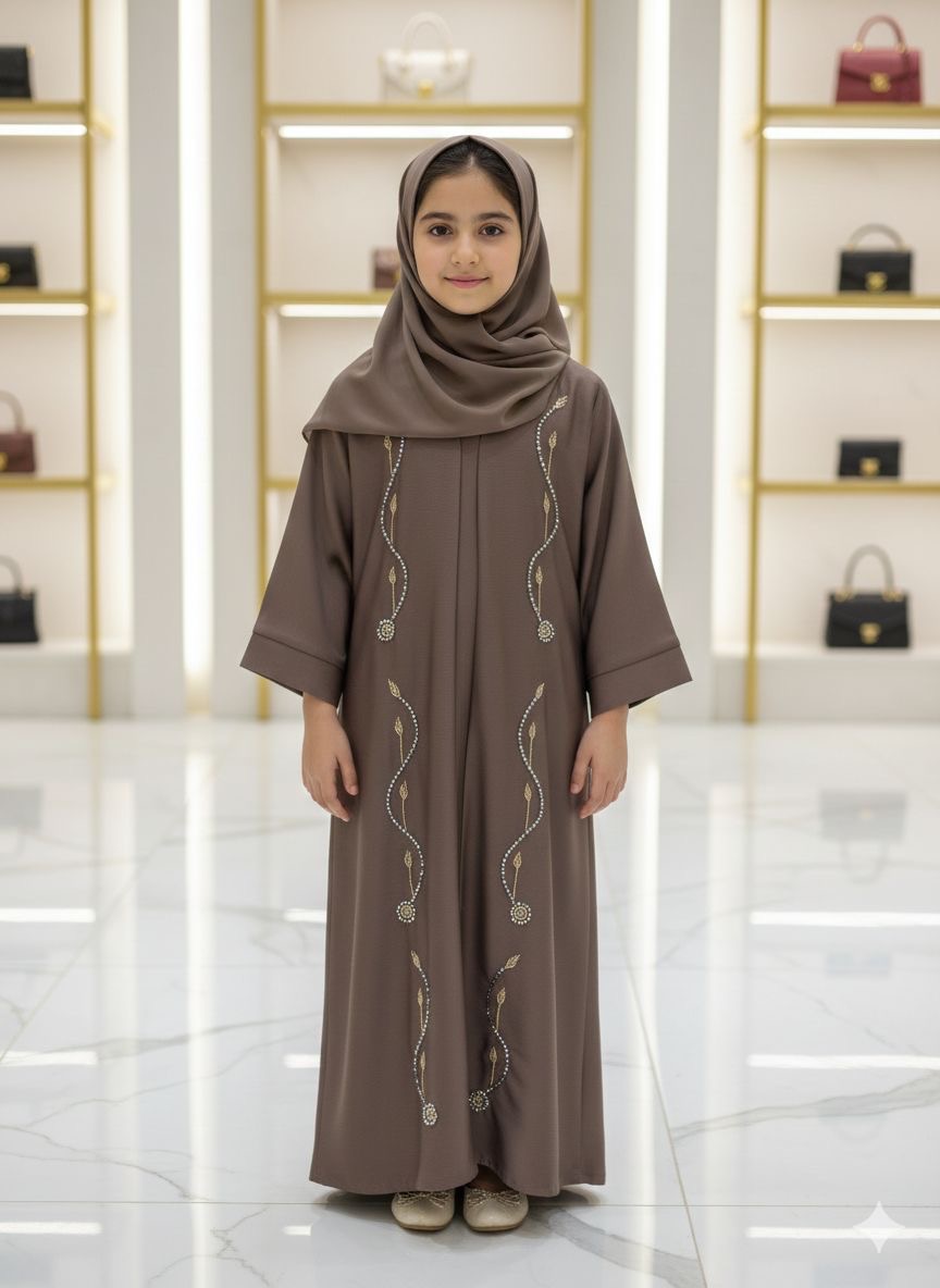 Mocha Gold Vine Girls Abaya