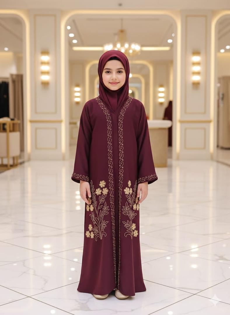 Burgundy Gold Embroidered Girls Abaya