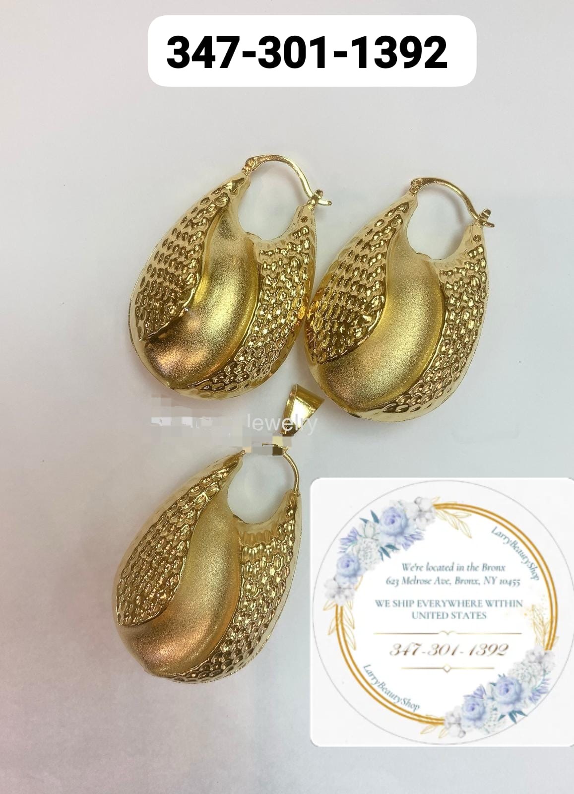 Gold Textured Oval Hoop & Pendant Set