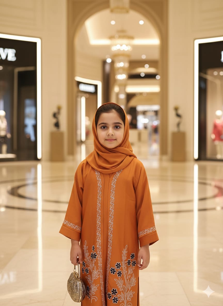 Rust Floral Embroidered Girls Abaya