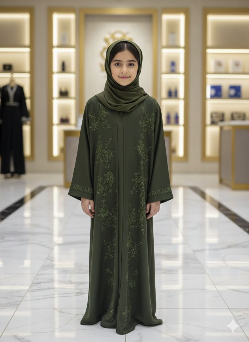 Olive Crystal Vine Girls Abaya